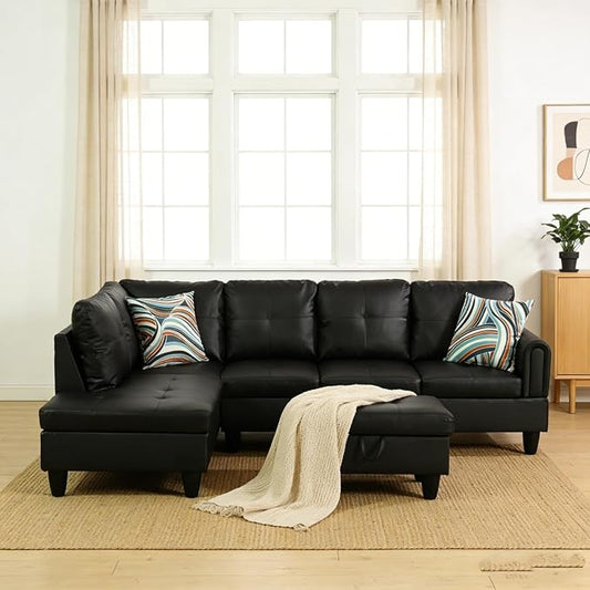 L-Shape Sofa with Storage Ottoman, 3-Piece Faux Leather Sectional Sofa Set, Modern Living Room Couch with Chaise Lounge, Tufted Upholstered Sofa Set for Apartment Living Room, Black