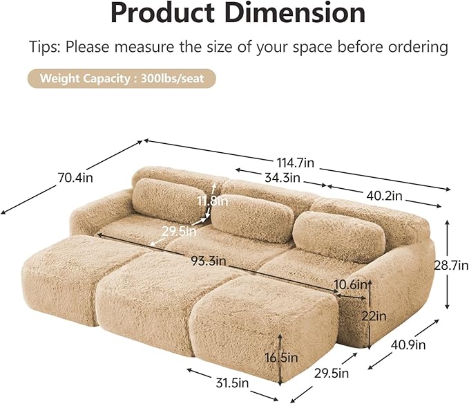 114.7" Sectional Sofa Bed, 6-Seater Modular Sleeper Boneless Couch with Movable Ottoman, Plush Convertible Sofa Set Deep Seat Couches for Living Room, Bedroom and Apartment, Light Khaki