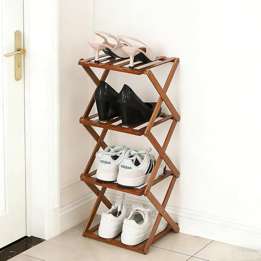 Bamboo Shoe Rack 4 Tier Foldable Shoe Rack Vertical Bamboo Shoe Organizer Free Standing Shelf for Entryway, Closet, Bedroom, Walnut Color by Fengzhizhu