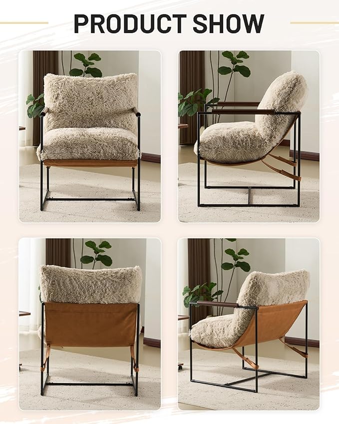 Karl home Modern Accent Chair Plush Fleece Upholstered Living Room Chair with Metal Frame Wooden Armrest Comfy Lounge Armchair for Living Room, Bedroom, Balcony, Reading Room, Khaki