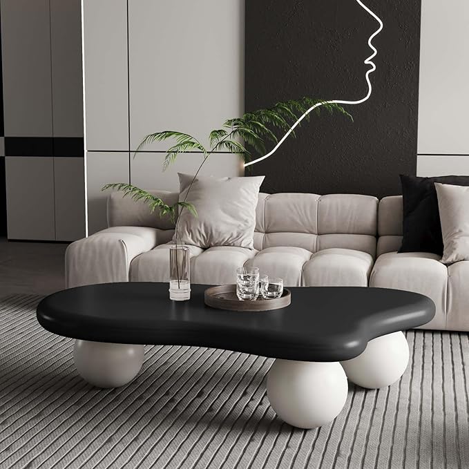 47" Modern Coffee Table Cloud Shape Low Center Table Cute Irregular Indoor Tea Table with 3 Ball Legs for Living Room Small Space