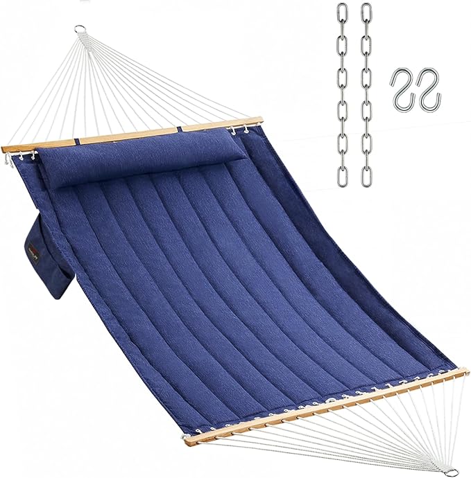 Double Quilted Fabric Hammock with Hardwood Spreader Bars and Pillow 450 LBS Capacity 2 Person Large Hammock for Outdoor Patio Backyard Poolside - Dark Blue by CHULIM