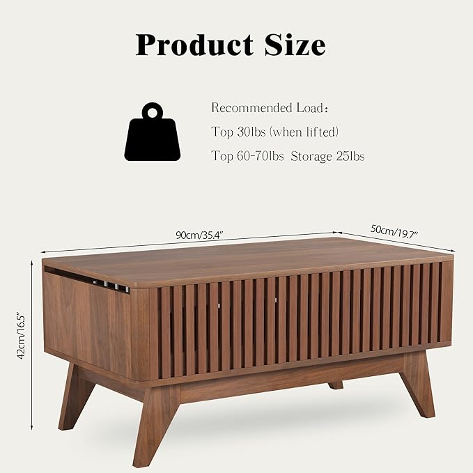 Lift Top Coffee Table with Hidden Compartment, Mid Century Modern Coffee Table for Living Room, Fluted Design Farmhouse Center Table with Storage (Walnut, 35.4" W)