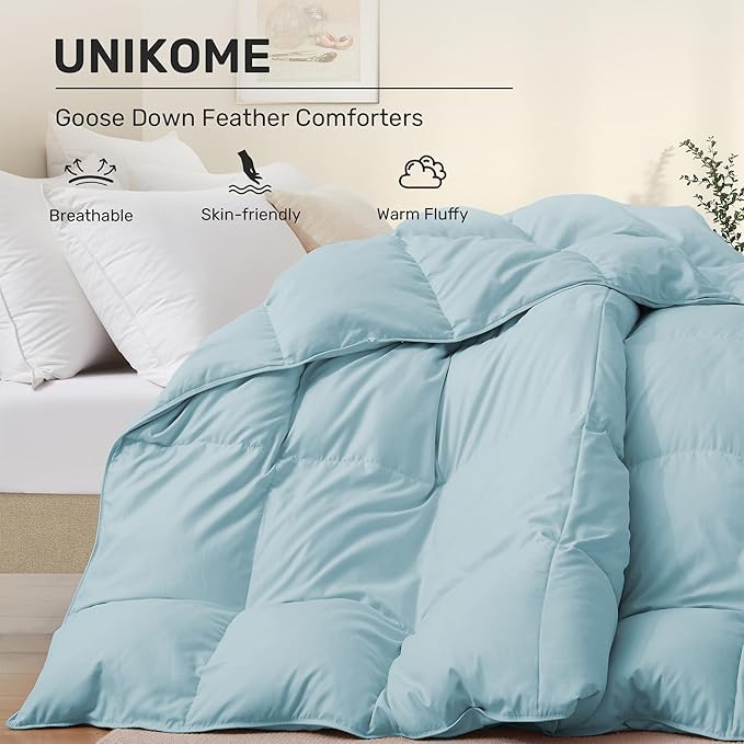 UNIKOME Goose Feather Down Fiber Comforter King Size, All Season Duvet Insert with Soft Downproof Cover, Cloud-Like Fluffiness Bed Comforters with Corner Tabs (King, Blue, 88"X104")