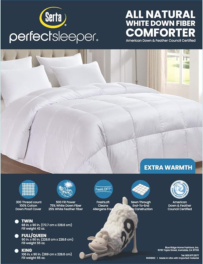 Serta Down Fiber Comforter Twin Size-Extra Warmth Duvet Insert, Luxury Fluffy Bed Comforter 100% Cotton 300 Thread Count Shell, Down Feather Fiber 500 Fill Power with Corner Taps, White 68x90inch
