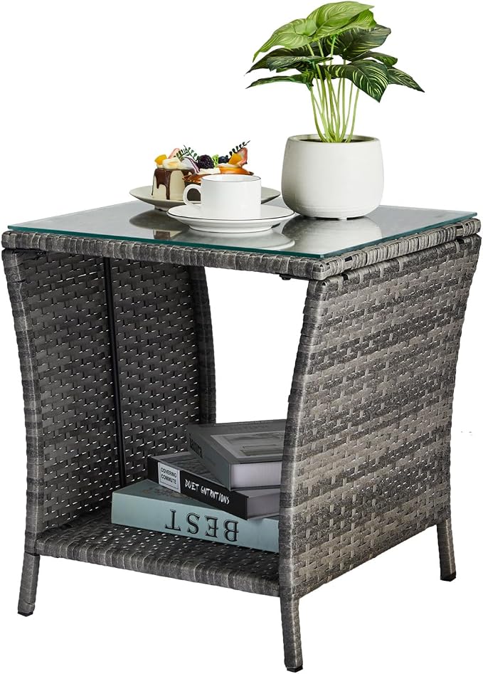 VINGLI Outdoor Wicker Side Table Patio Side Tables for Outside, Tempered Glass Top Wicker Table with Storage End Table for Balcony Porch Deck (Grey) by VINGLI