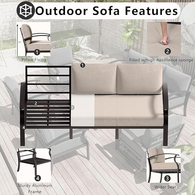 Aluminum Patio Furniture Set with Fire Pit Table, 9 Seats Outdoor Patio Conversation Sets with Swivel Chair Modern Metal Sectional Sofa with Upgrade Cushions for Patio, Backyard - Sand