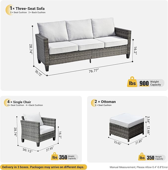 ovios Patio Furniture Set, 7 Pieces Outdoor Wicker Sofa Couch with 4 Chairs, Ottomans and Comfy Cushions, All Weather High Back Rattan Conversation Set, Grey