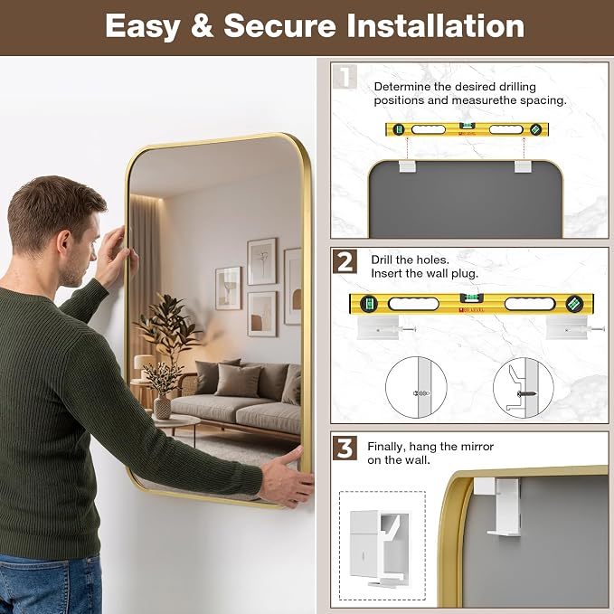 24x32 Inch Bathroom Mirrors for Over Sink, Brushed Gold Rectangle Mirror for Bathroom or Entryway, Wall Mounted Vanity Mirror with Aluminum Alloy Frame & Tempered Glass, Hangs Horizontally/Vertically - Image 8