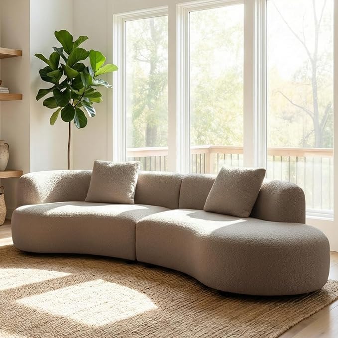 Acanva Modern Curved Sectional Living Room Couch, Minimalist Comfy Boucle Fabric Modular Sofa for Apartment, Home Office, 114" W Right Hand Facing, Light Coffee