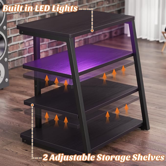 Besiost AV Media Stand with Outlets, Media Console with LED Lights, Stereo Racks and Stands with Storage Shelves, Media Audio Tower Cabinet, Black Enoby - Image 6