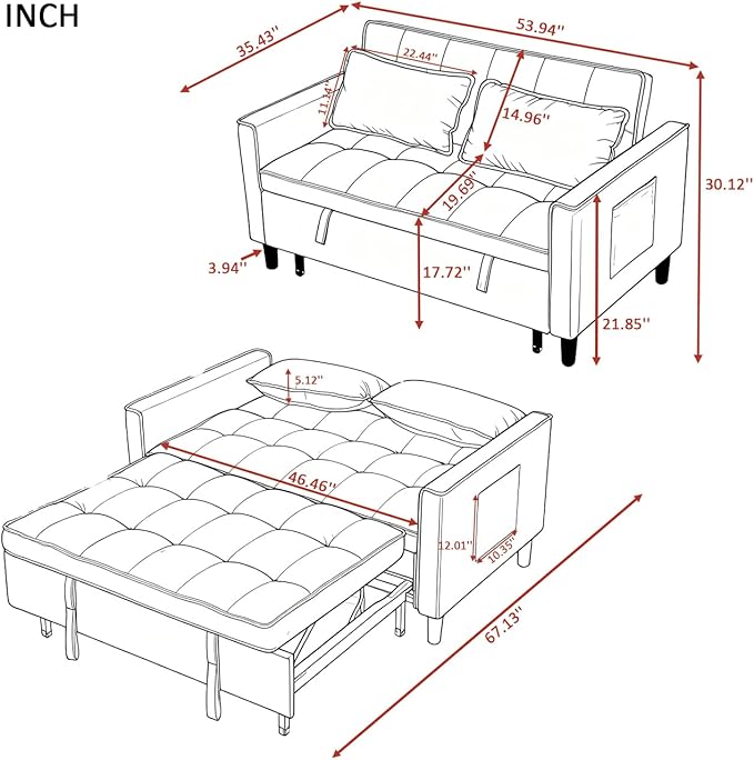 3 in 1 Convertible Sofa Bed, Love Seat Sleeper Bed with Side Pockets, Velvet Fabric Pull Out Couch with Adjustable Backrest for Living Room, Bedroom, Apartment, Dark Green