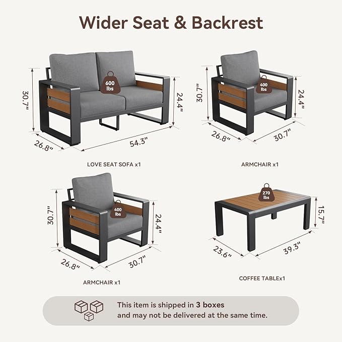 Aoxun Aluminum Outdoor Patio Furniture Set, Coffee Table ×1, Dark Grey & Dark Grey