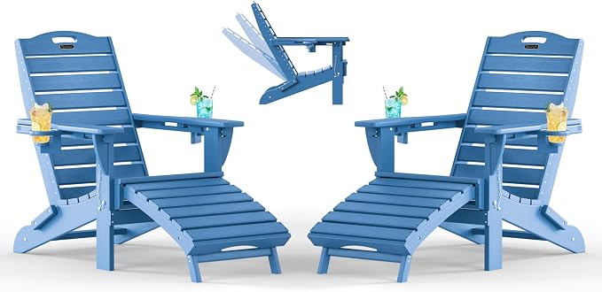 Adjustable Adirondack Chairs Set of 2 with Retractable Ottoman, HDPE Folding Adirondack Chair with Cup Holders, Weather Resistant for Backyard, Poolside & Fire Pit(Navy Blue) by Suunyn