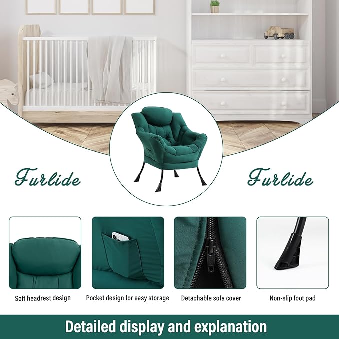 Furlide Lazy Chair for Living Room, Modern Accent Chairs with Armrests, Dark Green Armchairs with Side Pocket, Cozy Lazy Sofa for Reading, Balcony, Bedroom, Dorm, Small Spaces