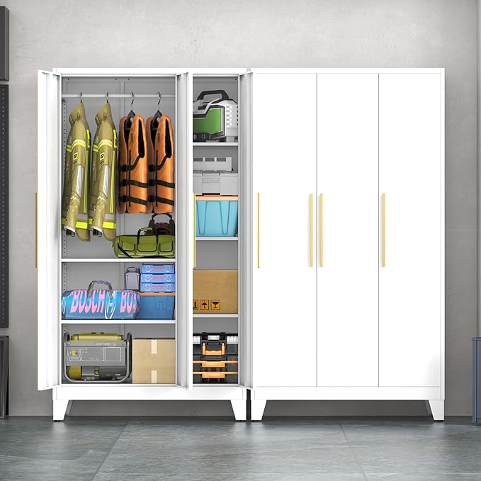 75.3" Tall Metal Armoire Wardrobe Closet with 3 Doors, Adjustable Hanging Rod and 5 Adjustable Shelves, Freestanding Storage Cabinet Organizer for Bedroom, Office, Laundry Room， White