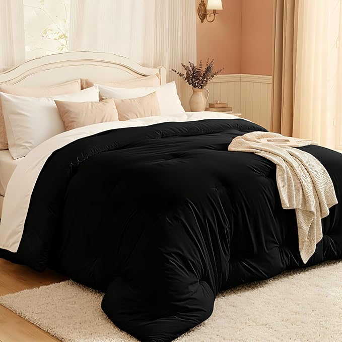 Comforters California King Size, All Season Quilted Bed Comforter, Ultra-Soft Down Alternative Duvet Insert with 4 Tabs, Lightweight Bedding Blanket - Machine Washable, Black