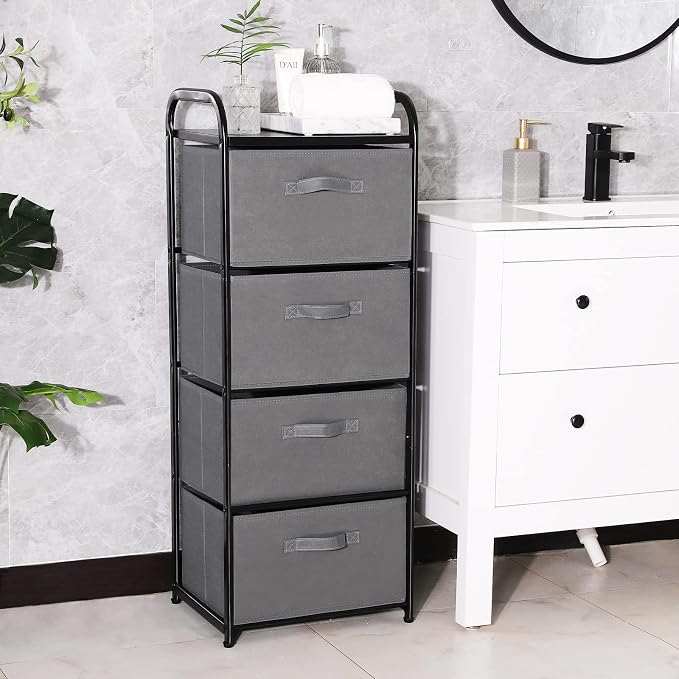 MAX Houser 4 Drawer Fabric Dresser Tall Storage Tower, Dresser Chest with Wood Top, Vertical Nightstand Side Organizer Unit with Metal Frame for Closets Bedroom Nursery Room Hallway(Leaden) - Image 4