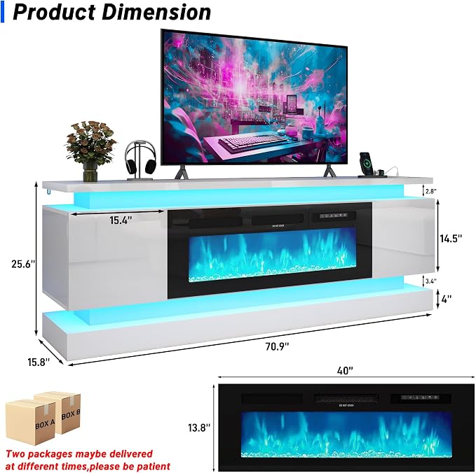 chartustriable 71IN LED TV Stands w/40 inch Fireplace Power Outlet for 85/80/75 Inch TVs,High Glossy Modern TV Media Console Gaming with 2 Storage Cabinets,Dual LED Lights,White - Image 2