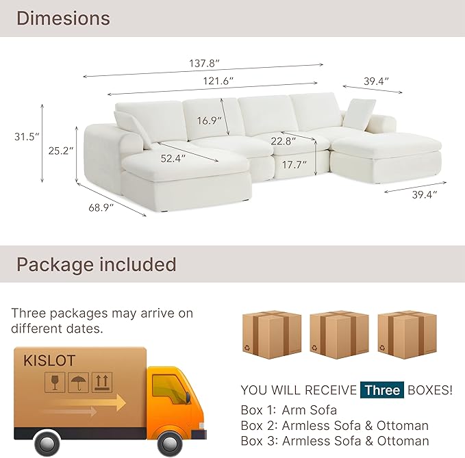 138" Boneless Cloud Couch Sectional No Assembly Required Modular Sofa with Deep Seat for Living Room U Shaped Couch with Ottoman Snowflake Fabric and Memory Sponge White