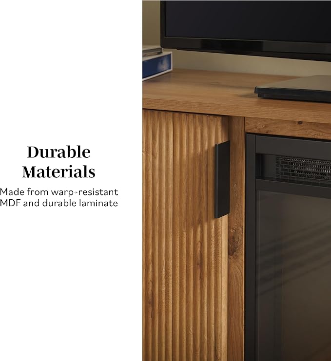 Walker Edison Arundo Reeded TV Stand with Fireplace & Storage, 70" Fireplace, English Oak - Image 4