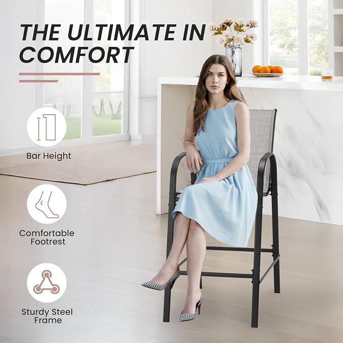HOMREST Outdoor Bar Height Stools Set of 4,High Back Patio Chairs with Armrests,Textilene Chairs with Breathable Fabric & Metal Frame for All Weather,Light Grey - Image 4