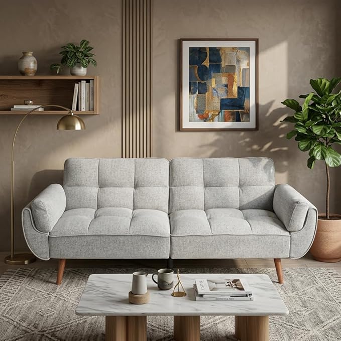 Convertible Futon Sofa Bed, Modern Futon Couch with 2 Pillows, Small Futons Couch with Adjustable Armrest & Backrest, Loveseat Sofa Bed for Living Room, Bedroom, Gray