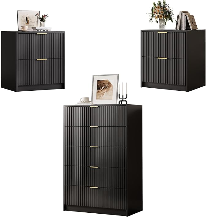 MAISONARIA 3-Piece Dresser Bedroom Set, 5 Drawer Dresser & 2 Drawer Nightstands with Gold Handles, Fluted Wood Chest of Drawers for Bedroom, Living Room, Entryway, Black