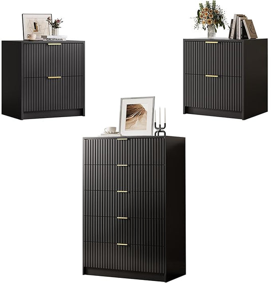 MAISONARIA 3-Piece Dresser Bedroom Set, 5 Drawer Dresser & 2 Drawer Nightstands with Gold Handles, Fluted Wood Chest of Drawers for Bedroom, Living Room, Entryway, Black