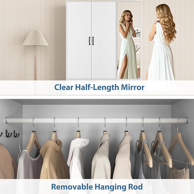 68.5” Armoire Wardrobe Closet with Mirror Door, Freestanding Modern Wooden 3 Doors Fluted Closet with 2 Drawers & Storage Cabinet & Adjustable Shelves & Hanging Rod for Bedroom (White)