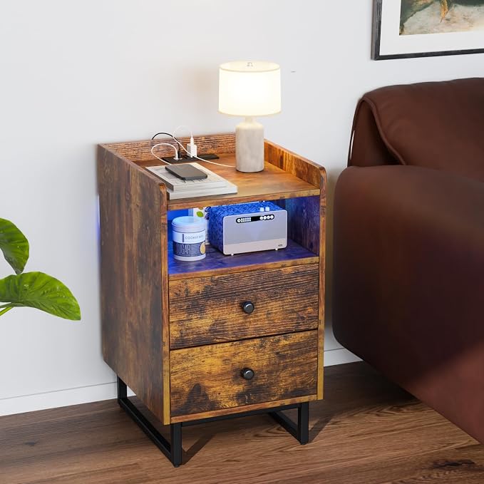 VINGLI Nightstand with Charging Station, LED Nightstand with Drawer, Wood Nightstands, Night Stand with Metal Leg, Side Table, End Table, Bedside Table for Bedroom,Rustic Brown(1 Pack) - Image 8