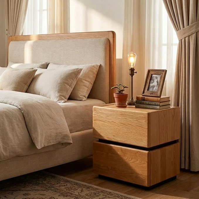 YESWOOD 100% Solid Wood Nightstand with 2 Drawer, Natural Oak Night Stand, Cherry Wood Night Stands, Mid Century Modern Nightstands, Small Wooden Bedside Table for Bedroom(18.50" H) - Image 2