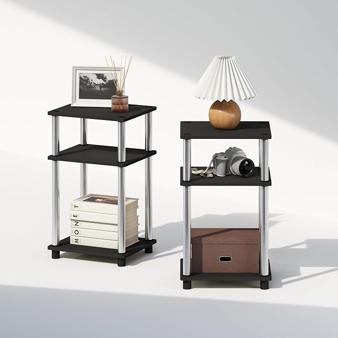 Furinno Just 3-Tier Turn-N-Tube Open Storage Nightstand, 2-Pack, Americano, Stainless Steel Tubes - Image 6
