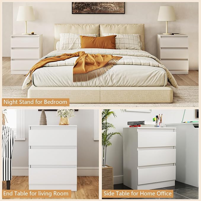 White Nightstand with 3 Drawers,Modern Tall Bedside Table with Storage for Bedroom,End Side Table with No-Handle Design for Living Room - Image 6