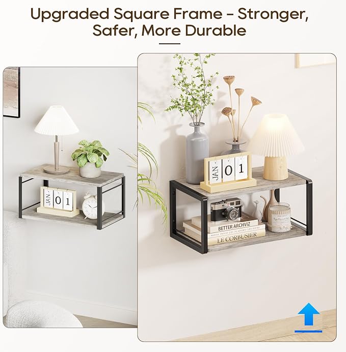 Floating Nightstand Set of 2, Wood Bedside Shelf Wall Mounted Nightstand with Heavy-Duty Frame, Floating Bedside Table for Bedroom, Bathroom, Kitchen, (Vintage Grey, 2 Pack) - Image 3