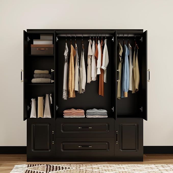Armoire Wardrobe Closet with 4 Doors, Tall Wooden Armoire Wardrobe Closet with 2 Drawers and 2 Hanging Rods, Armoires and Wardrobes, Clothes Storage Organization for Bedroom Black
