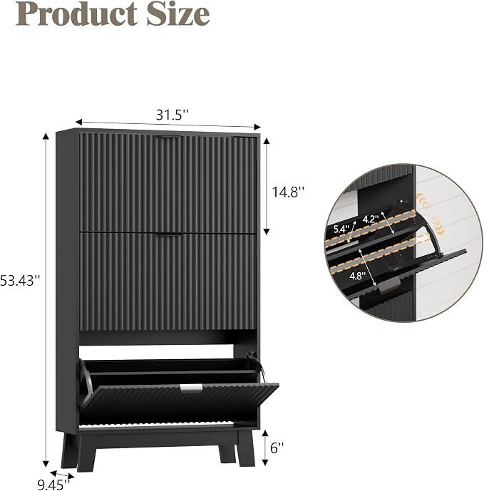 Shoe Cabinet Storage for Entryway with 3 Flip Drawers, Fluted Narrow Shoe Organizer with Wooden Legs, Freestanding Slim Shoe Storage Hidden Shoe Rack Organizer for Front Door Entrance, Hallway, Black - Image 2