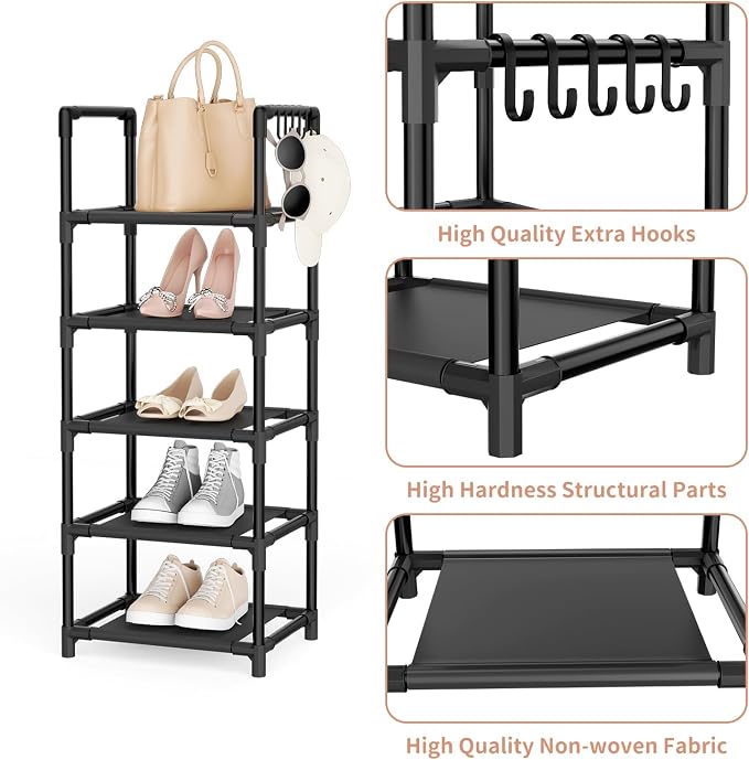 LANTEFUL Narrow Shoe Rack 5 Tier Shoe Shelf Storage for 5-10 Pairs Shoe and Boot, Sturdy Shoe Storage Space Saving Corner Shoe Rack Organizer for Closet, Entryway, Living Room, Black - Image 4