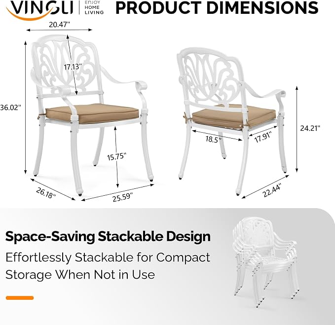VINGLI Patio Chairs Set of 2 - Stackable Outdoor Cast Aluminum Dining Chairs with Vintage White Finish and Floral Pattern, Metal Armchairs for Poolside, Backyard, Balcony (with Cushion) - Image 3