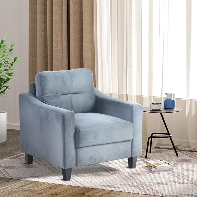 Upholstered Single Sofa Chair,Mordern Armchair with Wooden Legs for Living Room,Bedroom and Office,Blue Grey
