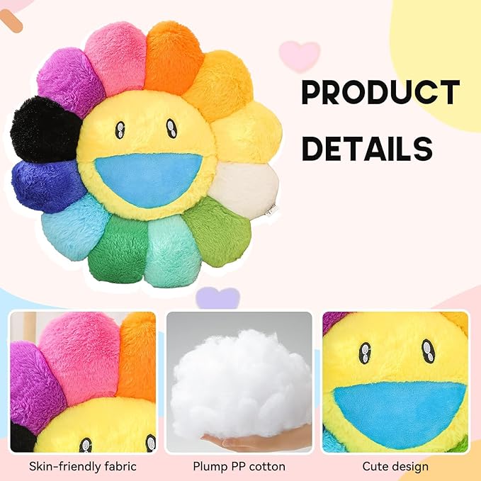 Flower Pillow,Colorful Flower Shaped Throw Pillow,Smiley Face Floor Cushions,Cute Sunflower Plush Pillows,Cute Plushie Room Decor,Decorative Pillows for Bed,Couch,Sofa,Car (Colorful,15.7In)