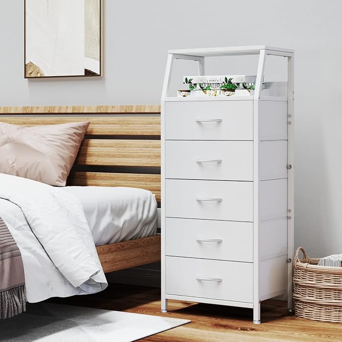 White Dresser for Bedroom, Storage Organizer with 5 Drawers, Vertical Fabric Storage Stand, Nightstand Bedside Table, Sturdy Steel Frame & Wooden Top - Image 5