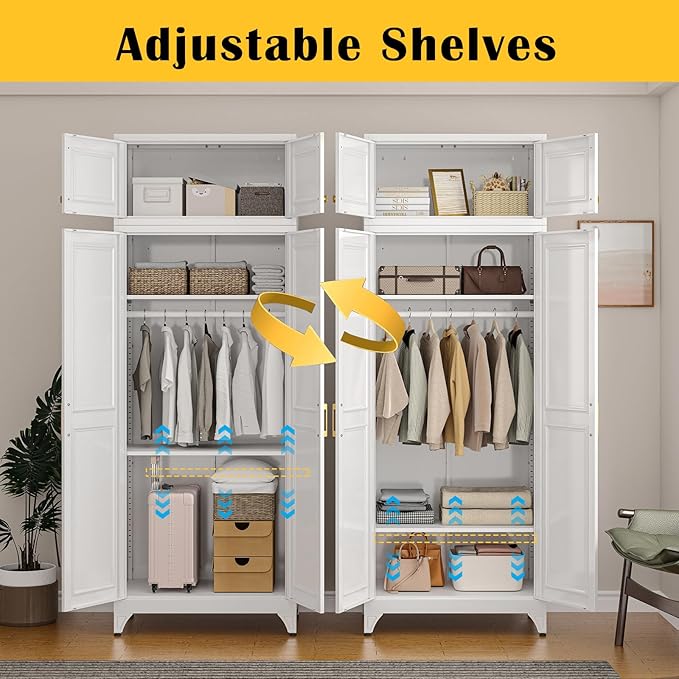 SteeLoong 86" Metal Armoire Wardrobe Closet with Doors,White Tall Clothing Storage Cabinet with Adjustable Shelves and Hanging Rod,Wardrobe Closet for Bedroom,Home,Office,Gym