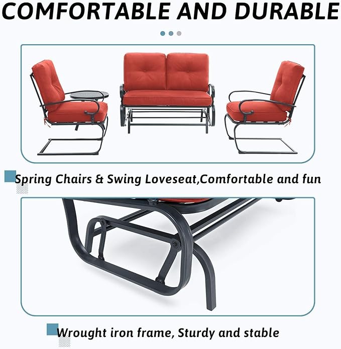 SOLAURA 4-Piece Outdoor Furniture Patio Conversation Sets Swing Glider Loveseat and Spring Lounge Chairs with Side Table for Garden, Deck, Balcony, Poolside, Lawns (Red)