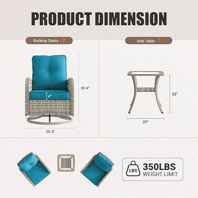 15-Piece Outdoor Patio Furniture Set with Rocking Swivel Chair Wicker Sectional Sofa Set, Patio Conversation Set with Thickened Cushions & Coffee Table for Garden, Backyard, Turquoise