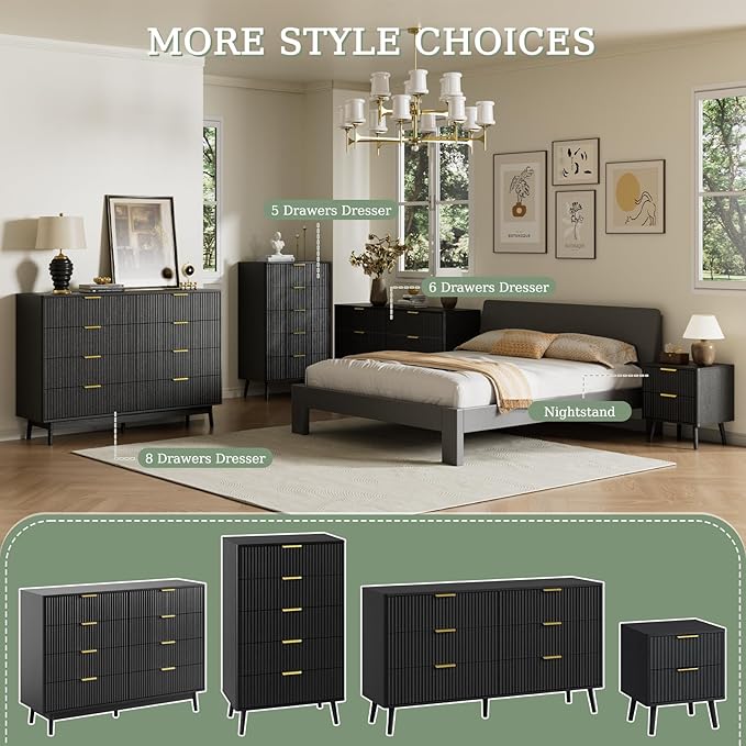 LYNSOM Fluted Dresser and Nightstand Sets 3 Piece, 5-Drawers Dresser and 1-Drawer Nightstands Set of 2, Wood Bedroom Furniture Set for Home, Bedroom, Hallway, Black