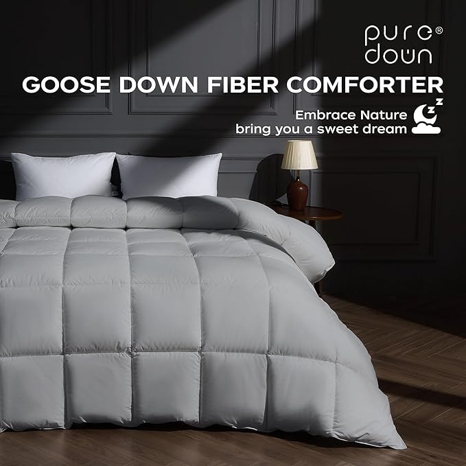puredown® Goose Feather Down Fiber Comforter Twin Size, Lightweight 100% Cotton Duvet Insert Medium Warmth, Cloud Soft Hotel Luxury Collection Bedding Comforters Gery 98"x98"