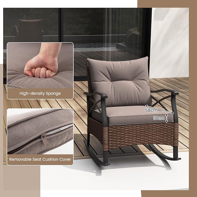 Tangkula 3 Pieces Outdoor Rocking Chairs Set, Rattan Heavy Duty Cushioned Rocker Chairs with 2-Tier Tempered Glass Coffee Table, for Garden, Balcony, Backyard - Image 5
