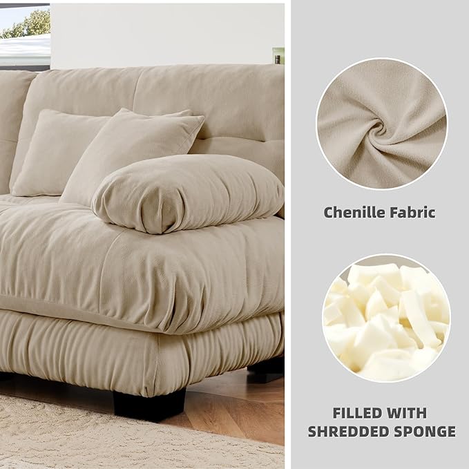133.8" U-Shaped Cloud Couch, Oversized Modular Sectional Sofa, Deep Seat Cloud Boneless Couch, 3-Seat Modular Sectional Sofa with 2 Ottoman or Living Room,Bedroom and Apartment, Light Coffee