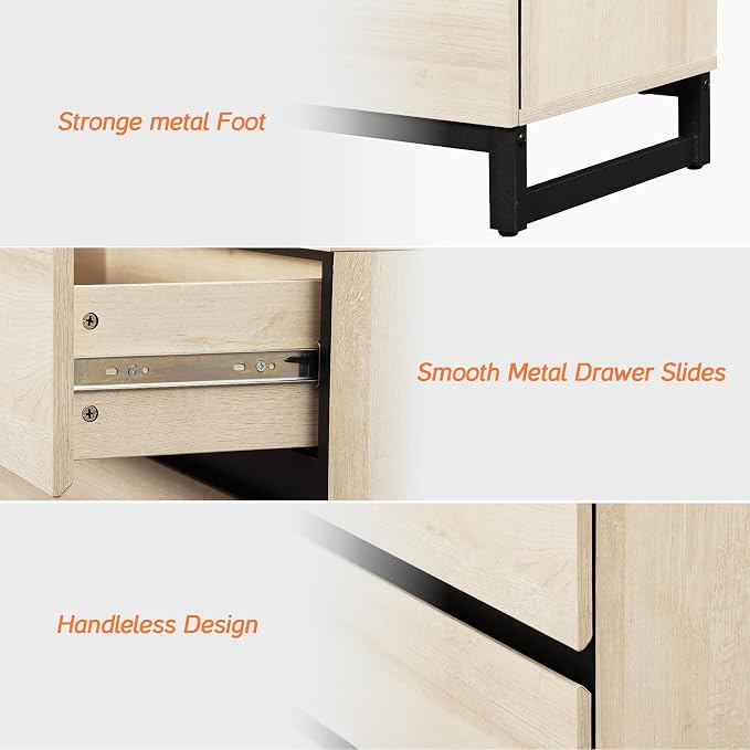 WAMPAT Nightstand with 3 Drawers for Bedroom, Modern Bedside Table with Black Square Metal Leg, Wood Rustic Side End Table, Beige, 2 Pcs - Image 6